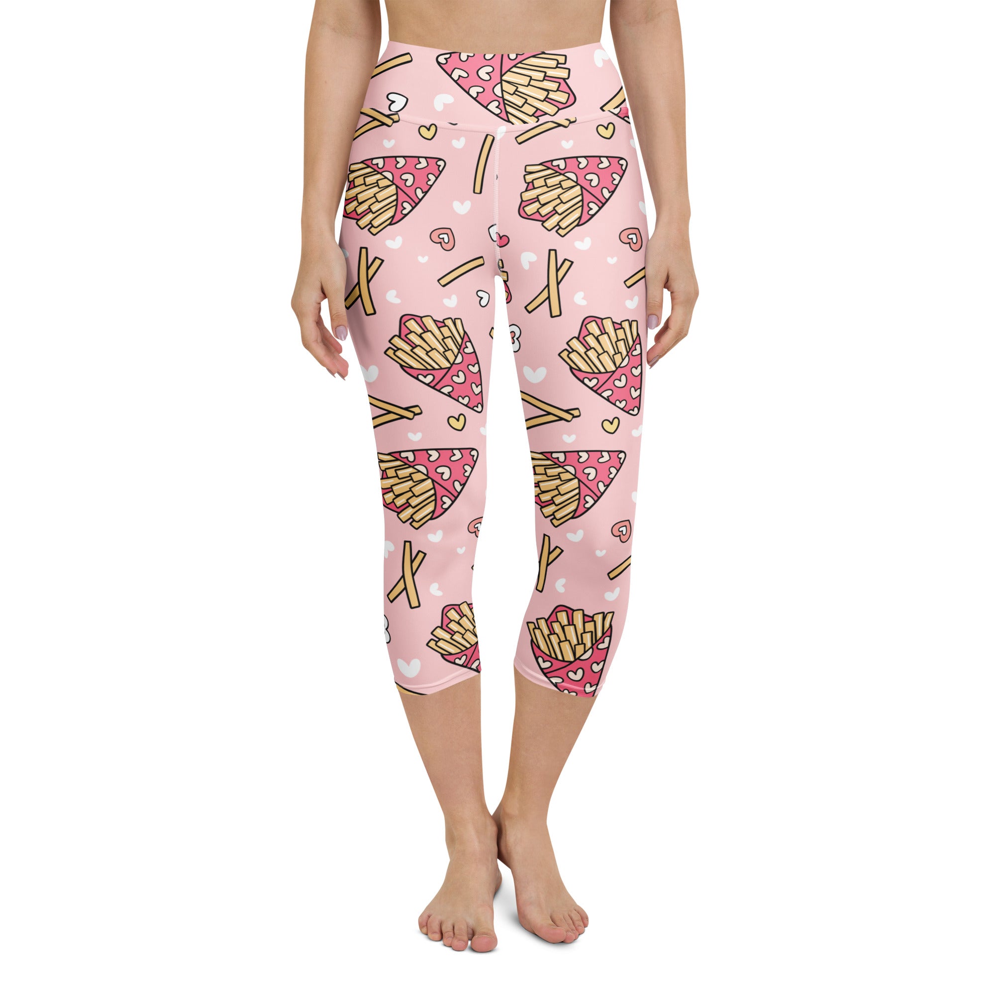 Women’s pink high-rise buttery soft yoga capri leggings with cartoon french fries and white hearts moisture-wicking