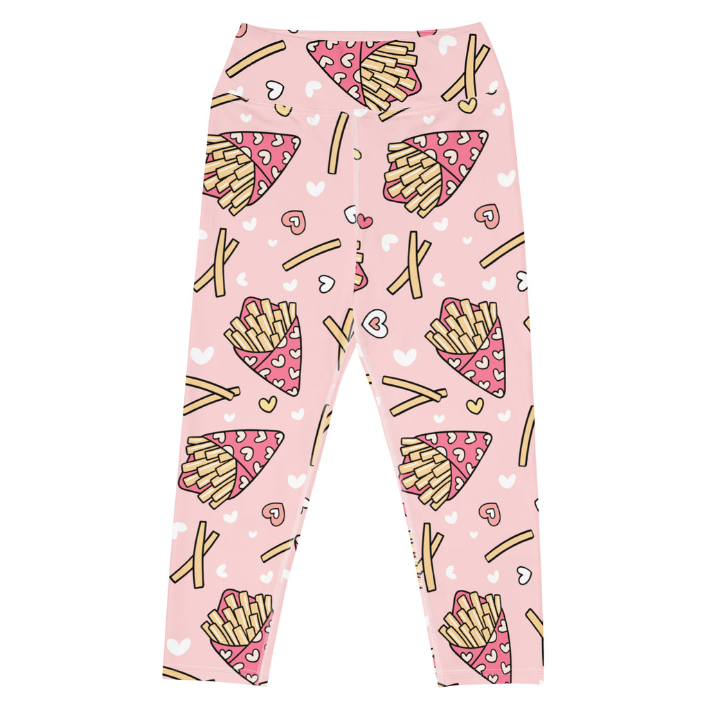 Women’s pink buttery soft high-rise yoga capri leggings with playful cartoon french fries and heart pattern