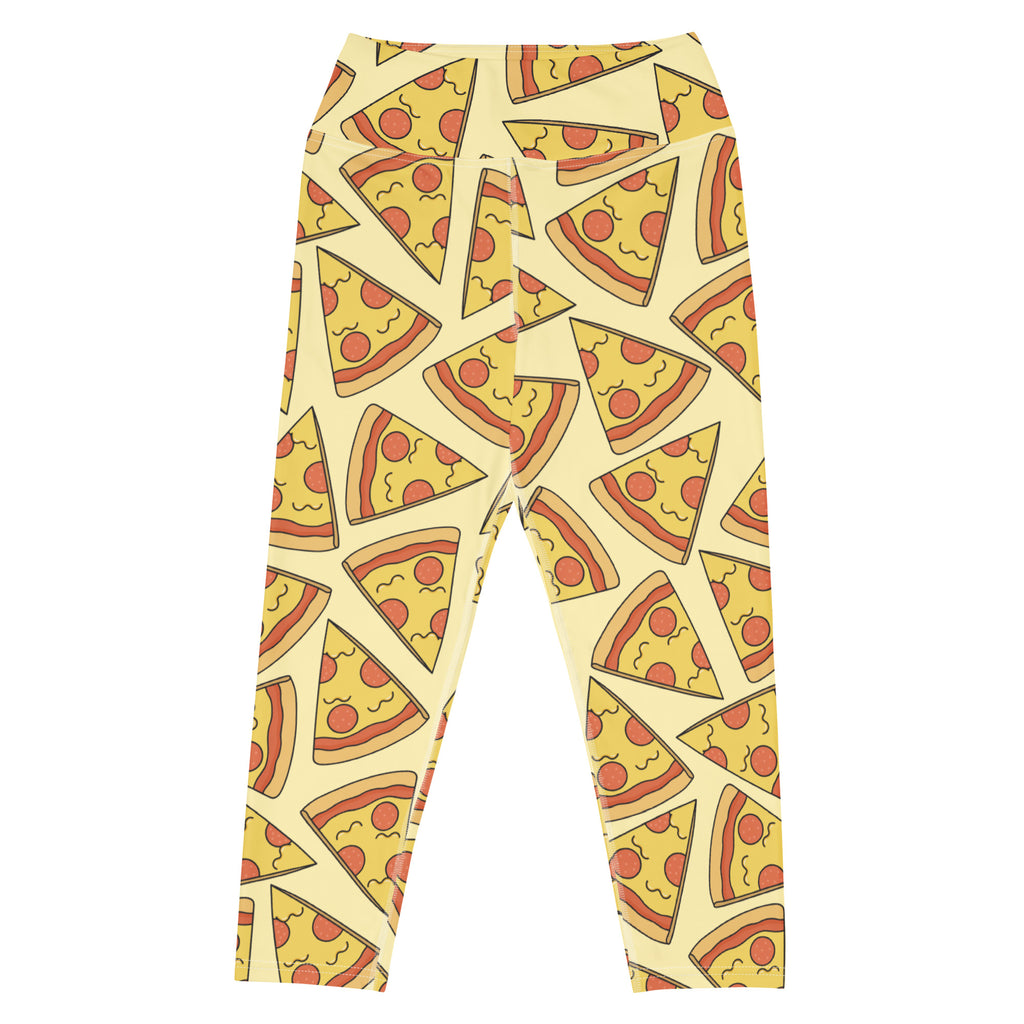 Women’s yellow buttery soft yoga capri leggings with playful cartoon pizza slice pattern high-rise moisture-wicking