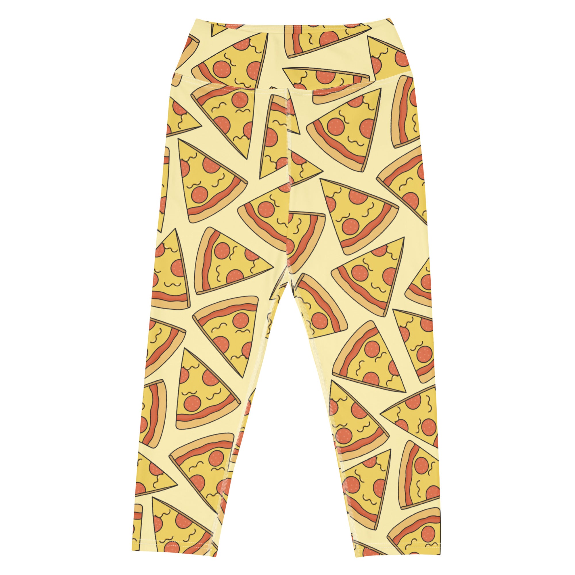 Women’s yellow buttery soft yoga capri leggings with playful cartoon pizza slice pattern high-rise moisture-wicking