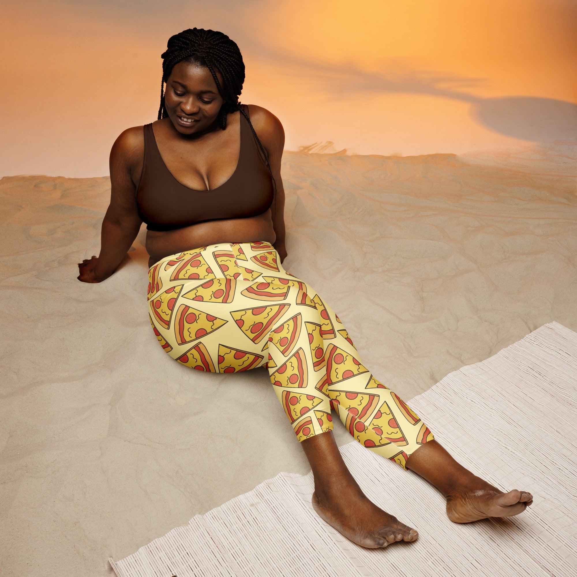 Yellow pizza slice patterned women’s high-rise buttery soft moisture-wicking yoga capri leggings