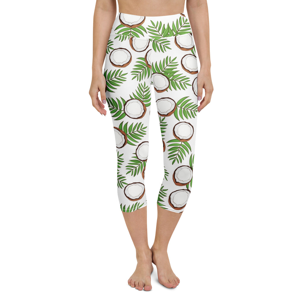 White high-rise buttery soft yoga capri leggings with vibrant coconut and palm leaf pattern moisture-wicking