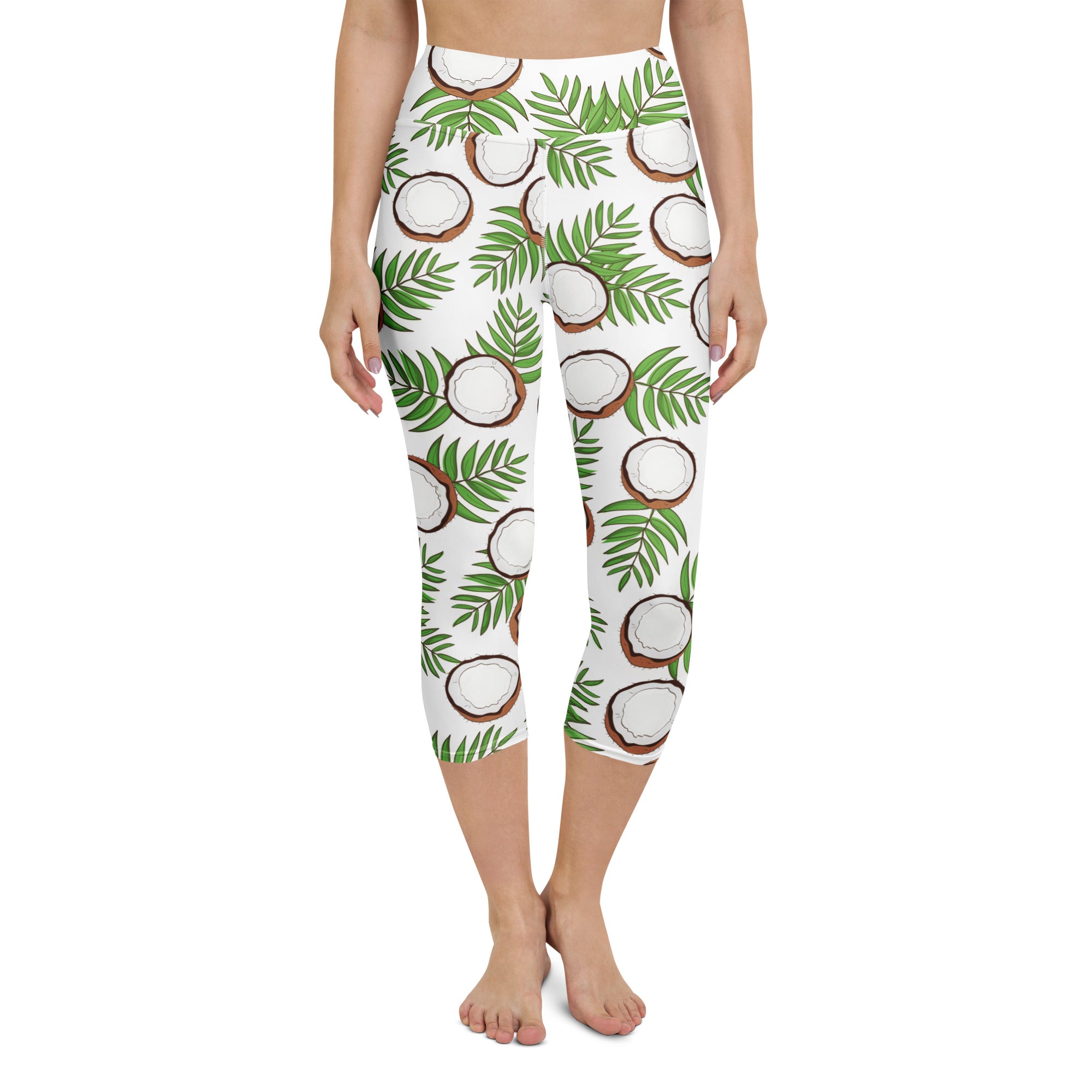 White high-rise buttery soft yoga capri leggings with vibrant coconut and palm leaf pattern moisture-wicking