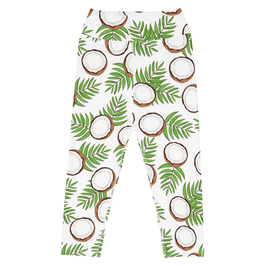 White high-rise buttery soft yoga capri leggings with repeating coconut and green palm leaf pattern for activewear
