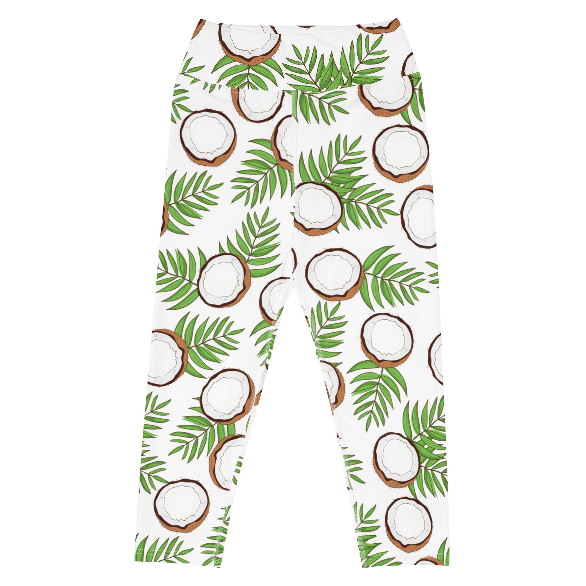 White high-rise buttery soft yoga capri leggings with repeating coconut and green palm leaf pattern for activewear