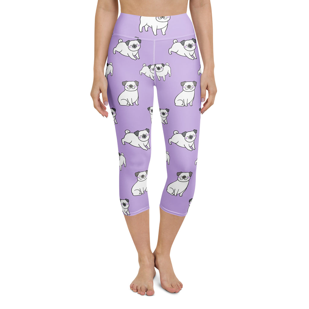 Women’s purple pug buttery soft high-rise yoga capri leggings with white cartoon pug pattern and moisture-wicking fabric