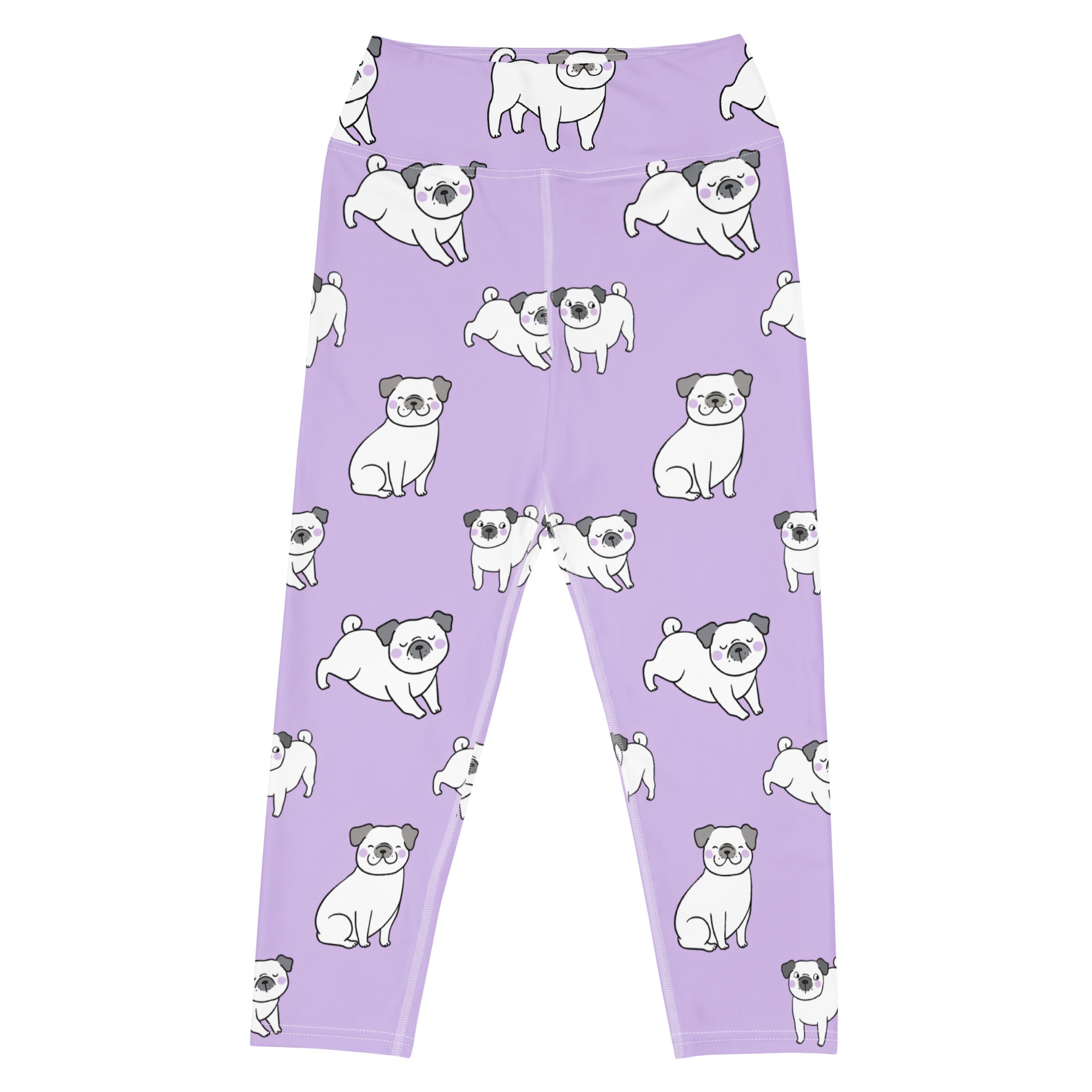 Women purple pug buttery soft high-rise yoga capri leggings with white pug pattern and moisture-wicking fabric
