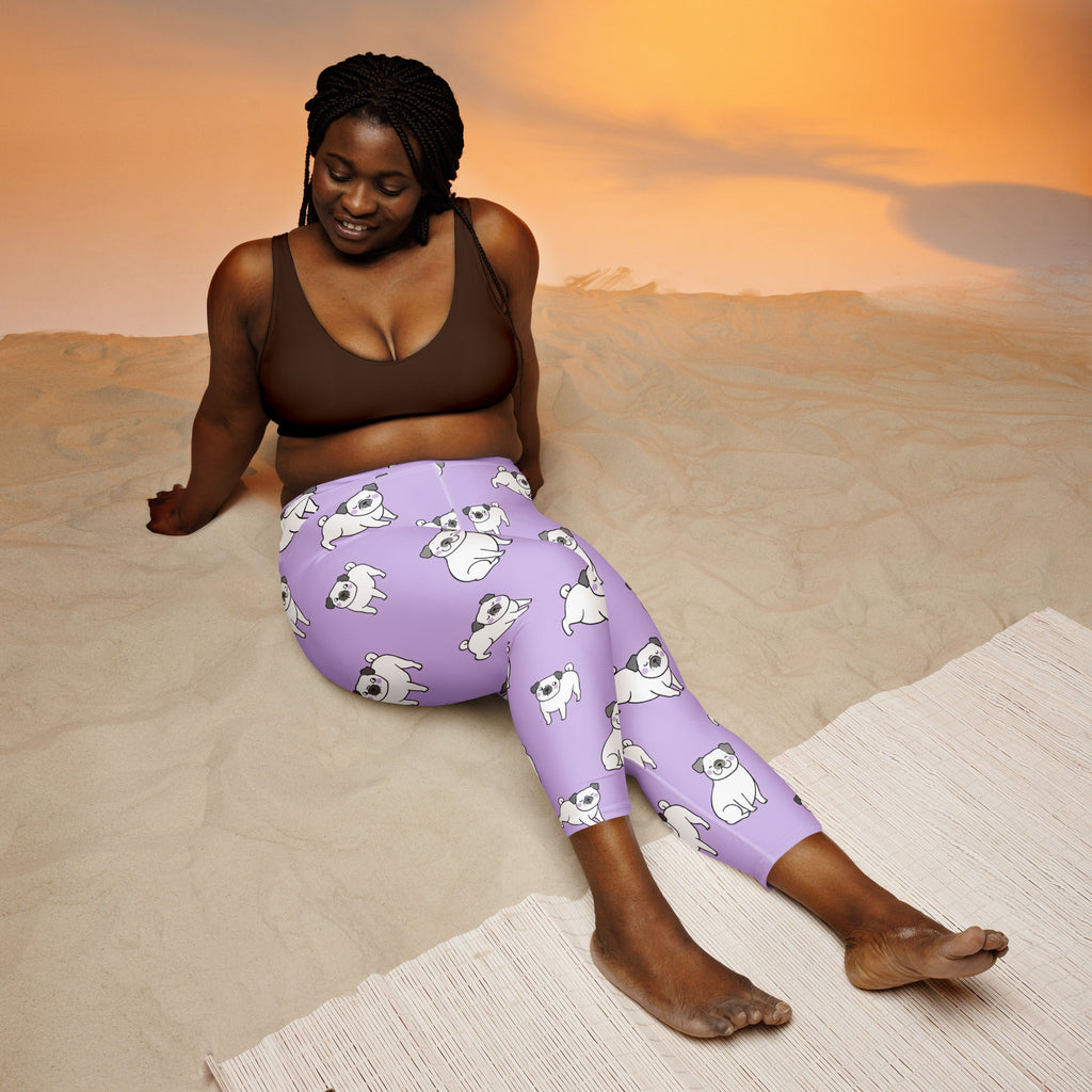 Women’s purple pug buttery soft high-rise yoga capri leggings with white pug dog pattern and moisture-wicking fabric