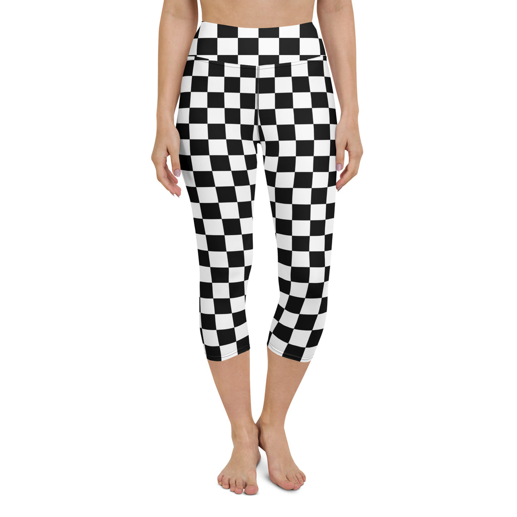 Women’s black and white checkered buttery soft high-rise moisture-wicking capri leggings for yoga and activewear