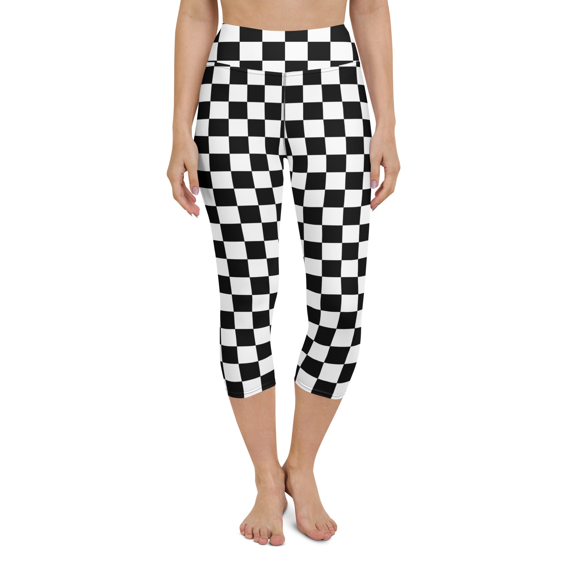 Women’s black and white checkered buttery soft high-rise moisture-wicking capri leggings for yoga and activewear