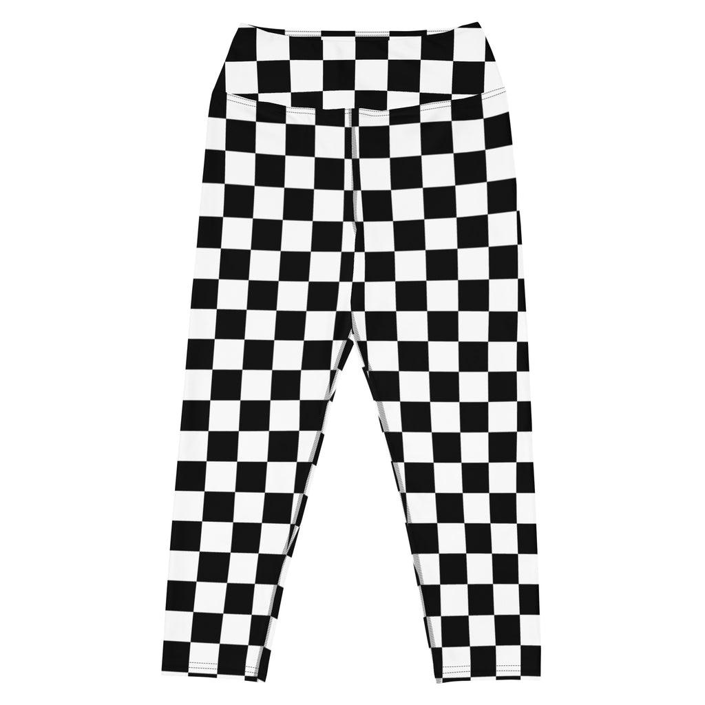Women’s black and white checkered high-rise yoga capri leggings made of buttery soft moisture-wicking fabric