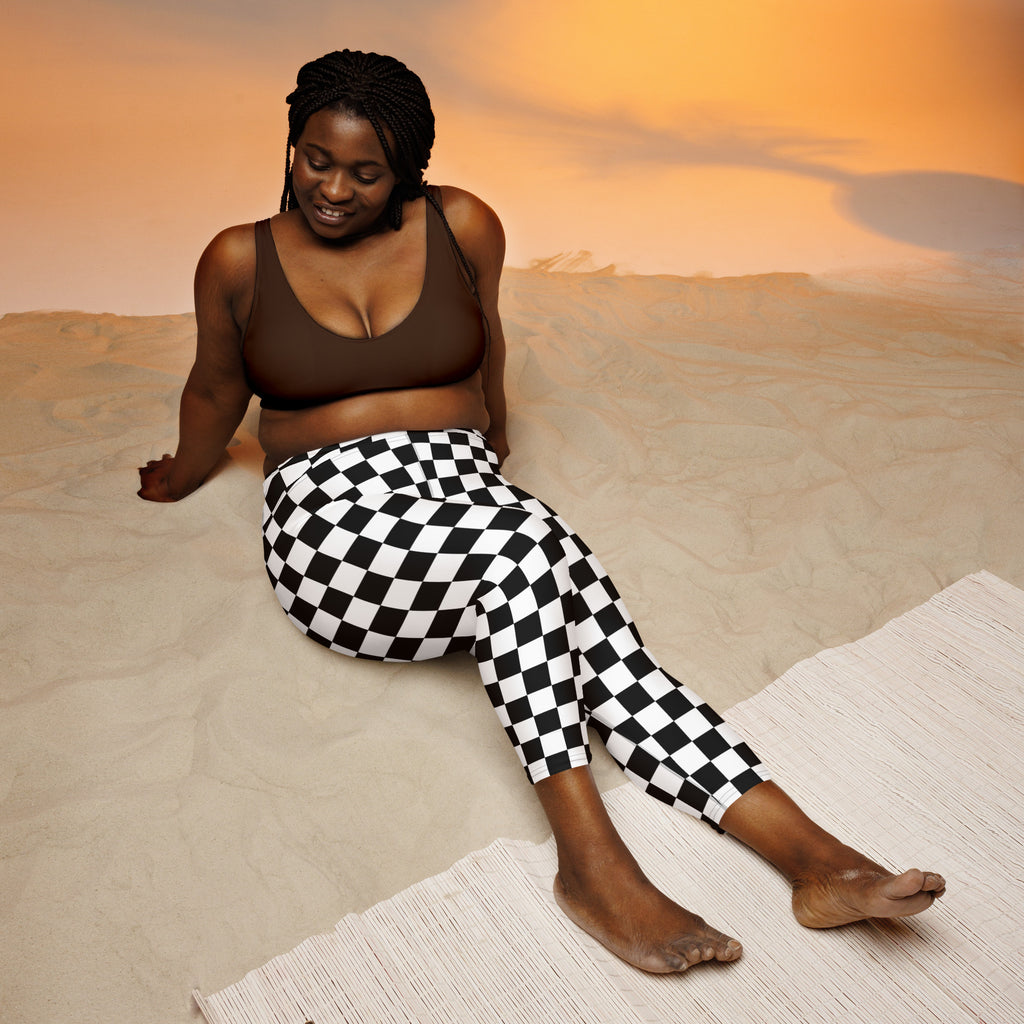 Women’s black and white checkered buttery soft high-rise capri leggings with moisture-wicking stretch fabric