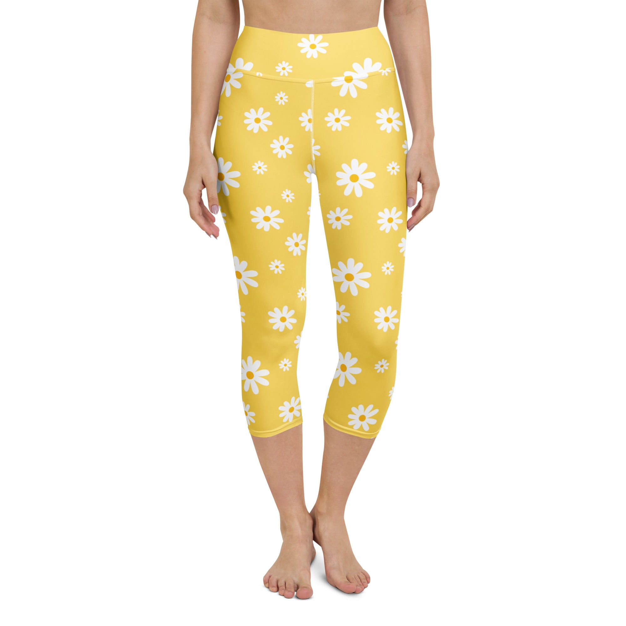 Women's Yellow Daisy Buttery Soft Yoga Capri Leggings – High-Rise, Moisture-Wicking, Soft Stretch Activewear Pants