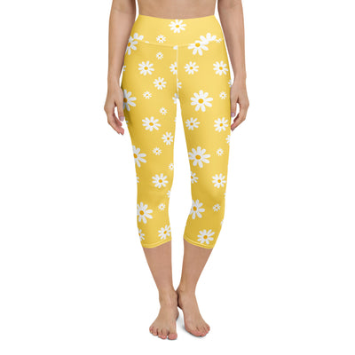 Women's Yellow Daisy Buttery Soft Yoga Capri Leggings – High-Rise, Moisture-Wicking, Soft Stretch Activewear Pants