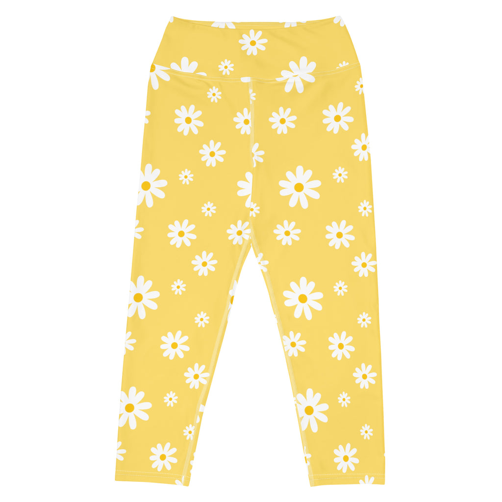 Women's Yellow Daisy Buttery Soft Yoga Capri Leggings – High-Rise, Moisture-Wicking, Soft Stretch Activewear Pants