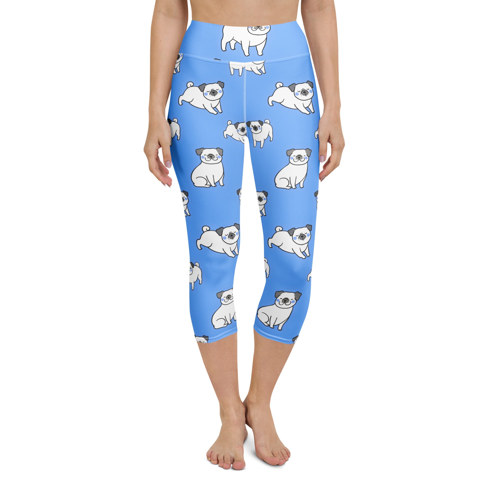 Women’s blue pug buttery soft high-rise moisture-wicking yoga capri leggings with playful cartoon pug pattern
