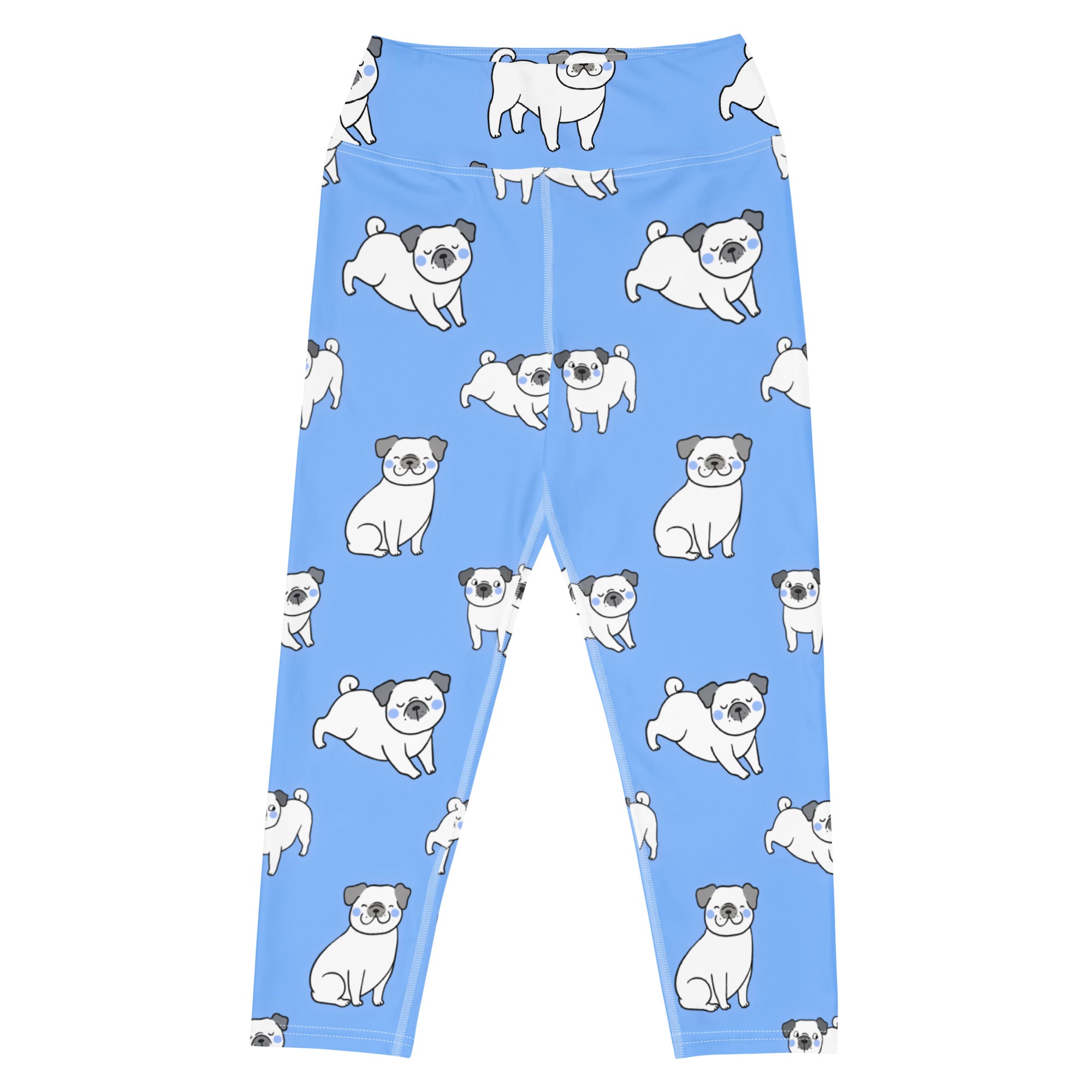 Women’s light blue pug buttery soft high-rise yoga capri leggings with white pugs black ears and noses pattern