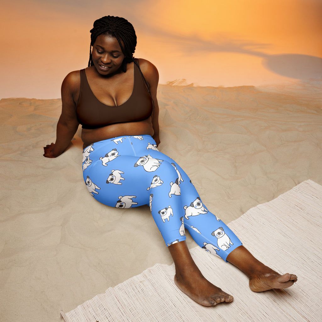 Women’s blue high-rise pug buttery soft yoga capri leggings with white pug pattern moisture-wicking stretch