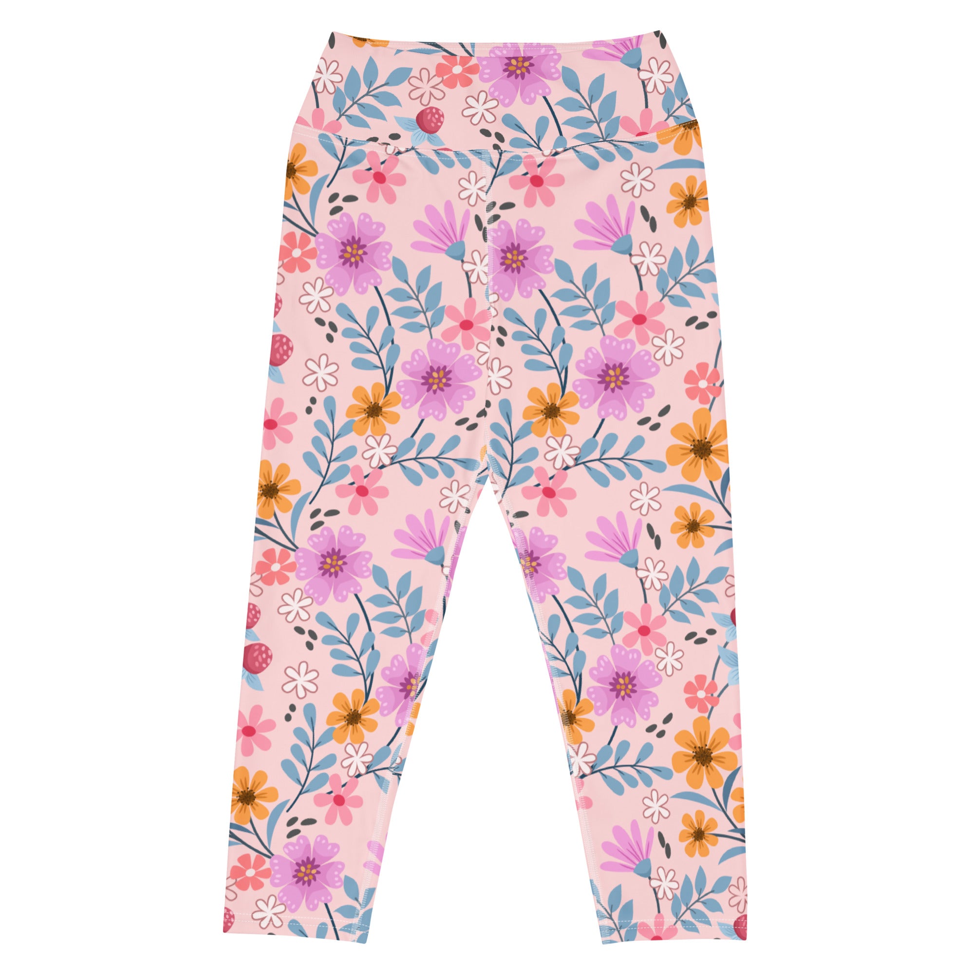 Women’s pink floral buttery soft high-rise yoga capri leggings with vibrant purple orange white flowers and blue leaves