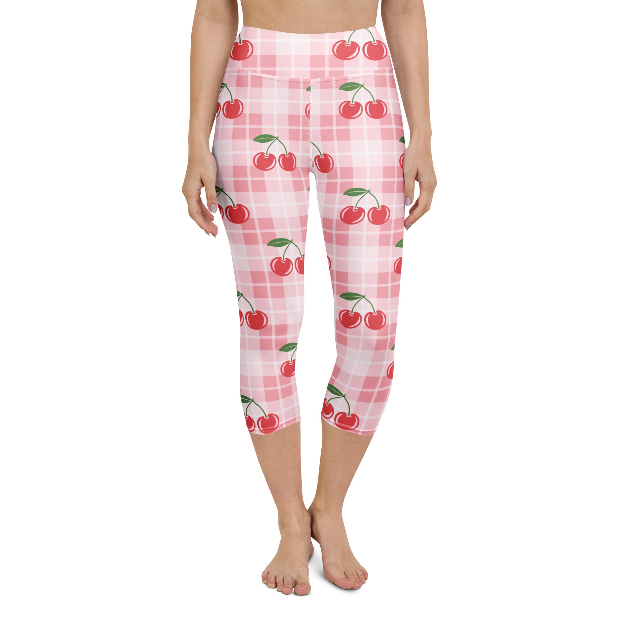 Women’s cherry gingham buttery soft pink and white plaid high-rise yoga capri leggings with red cherry pattern