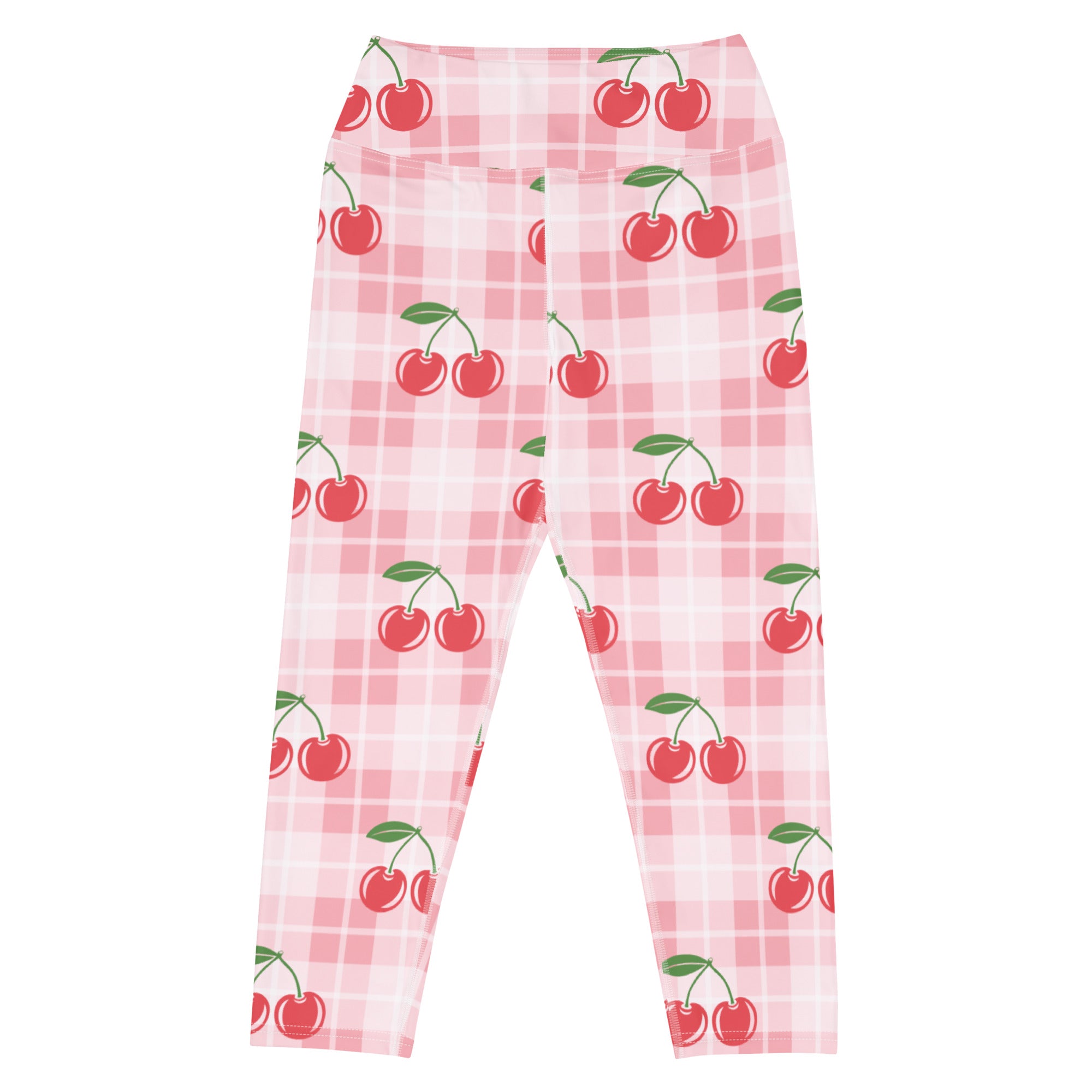 Women’s high-rise pink cherry-print buttery soft yoga capri leggings with plaid pattern moisture-wicking stretch