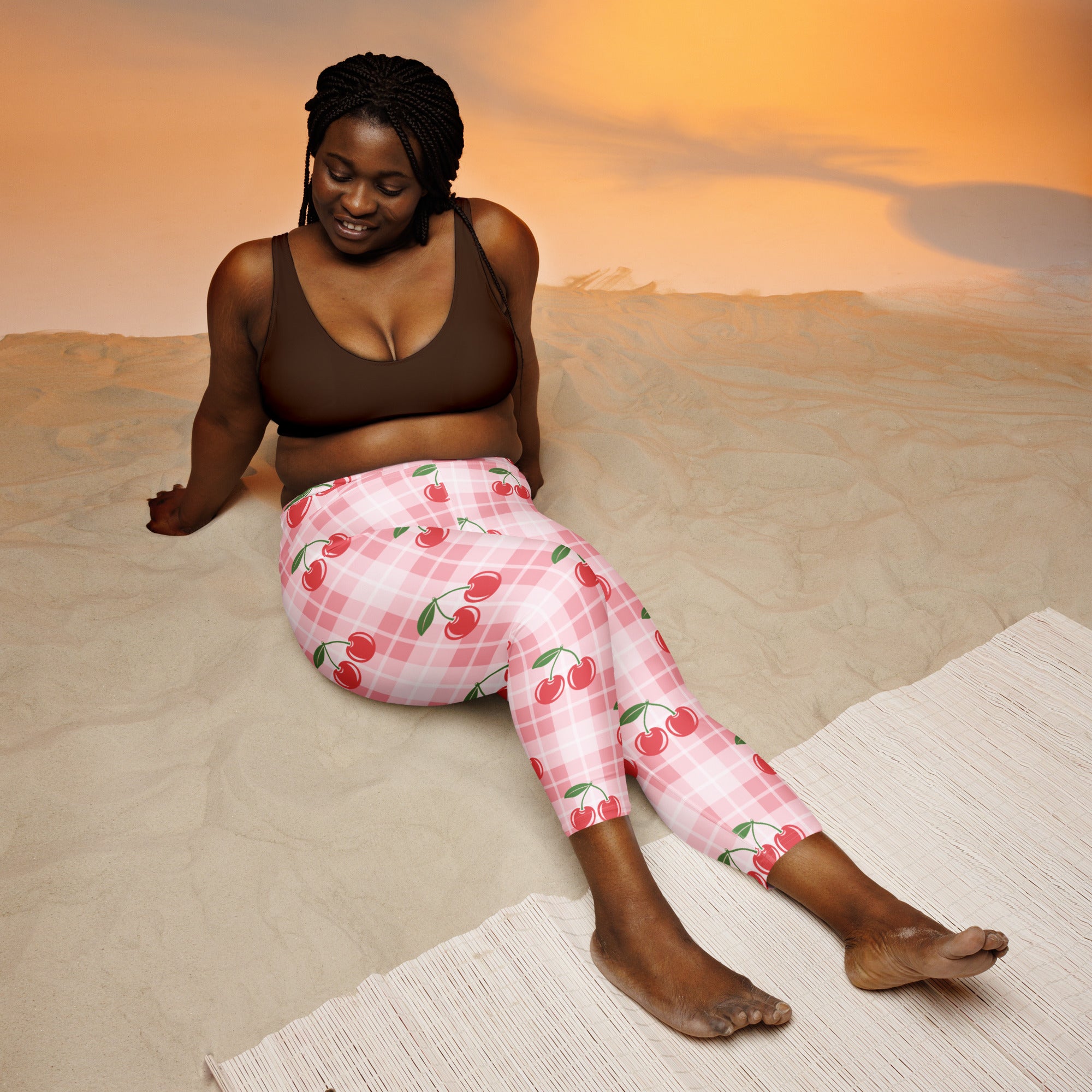 Women’s cherry gingham buttery soft high-rise yoga capri leggings in pink and white plaid with cherry pattern