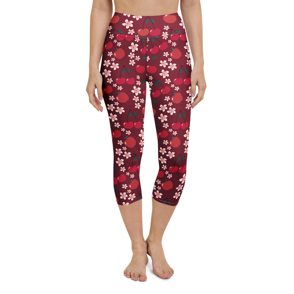 Women’s maroon cherry blossom buttery soft high-rise capri leggings with moisture-wicking fabric and red cherry pattern