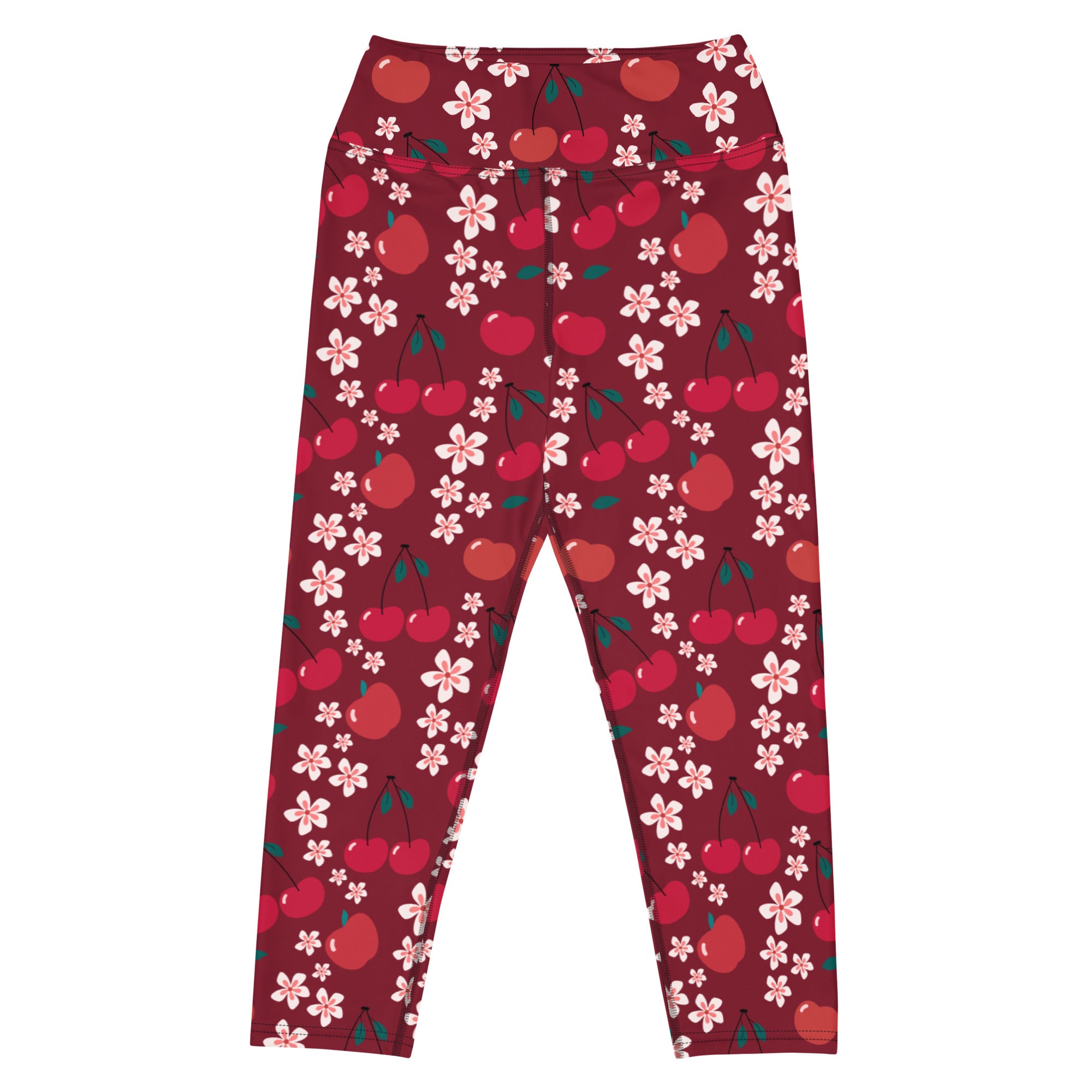 Women’s maroon cherry blossom buttery soft high rise yoga capri leggings with red cherries and pink blossoms pattern