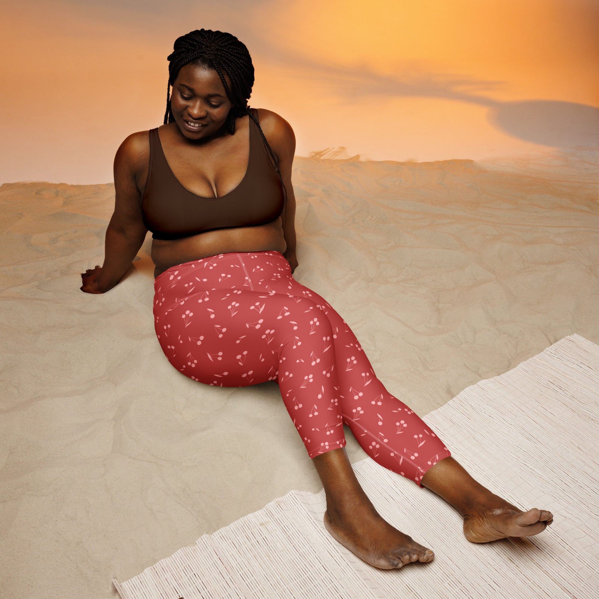 Women’s minimal red cherry buttery soft pink cherry-patterned high-rise moisture-wicking yoga capri leggings