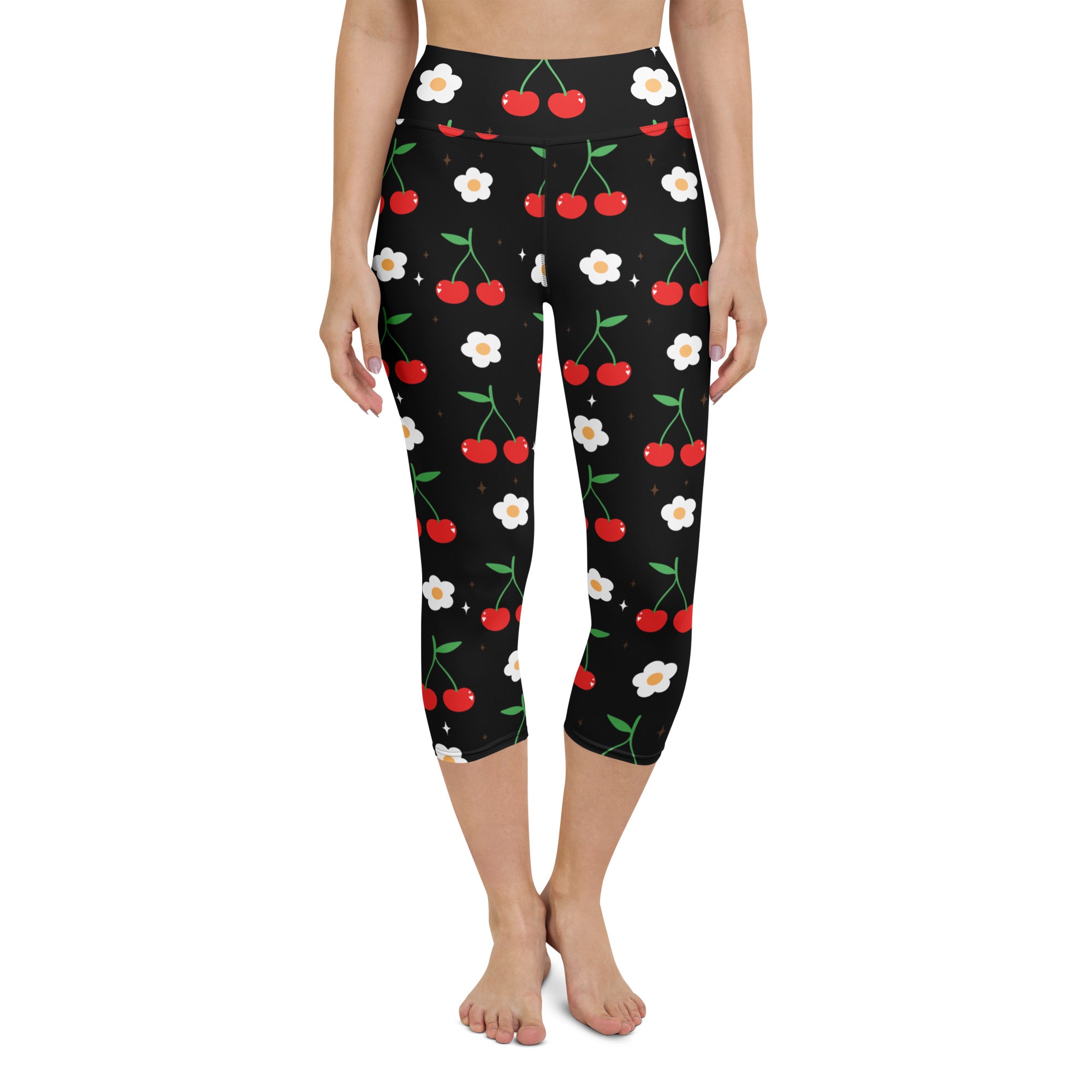 Women’s black cherry blossom buttery soft high-rise capri leggings with red cherry and white flower pattern