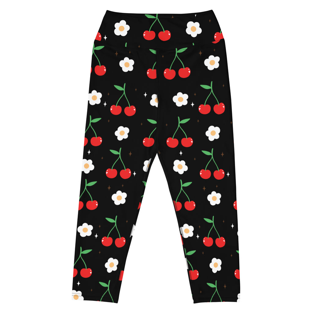 Women’s black cherry blossom buttery soft high-rise yoga capri leggings with red cherry and white daisy pattern