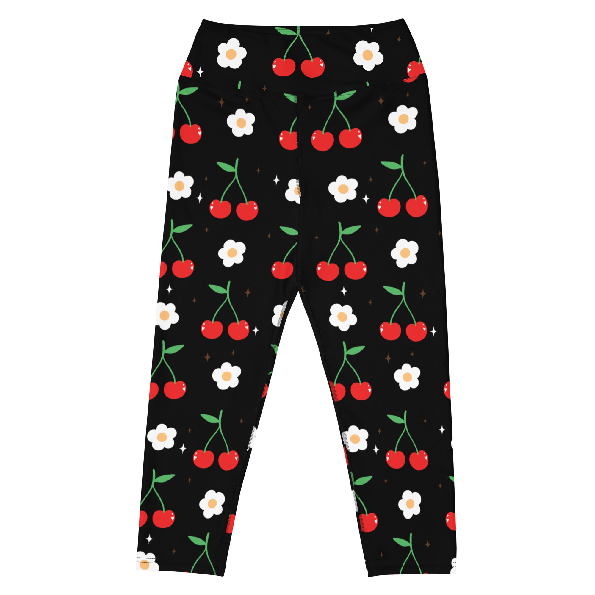 Women’s black cherry blossom buttery soft high-rise yoga capri leggings with red cherry and white daisy pattern