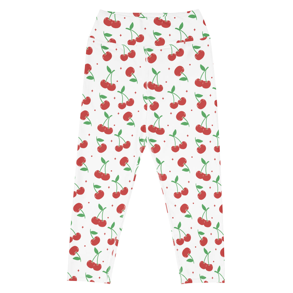 Women’s white cherry print buttery soft high-rise yoga capri leggings with moisture-wicking stretch fabric