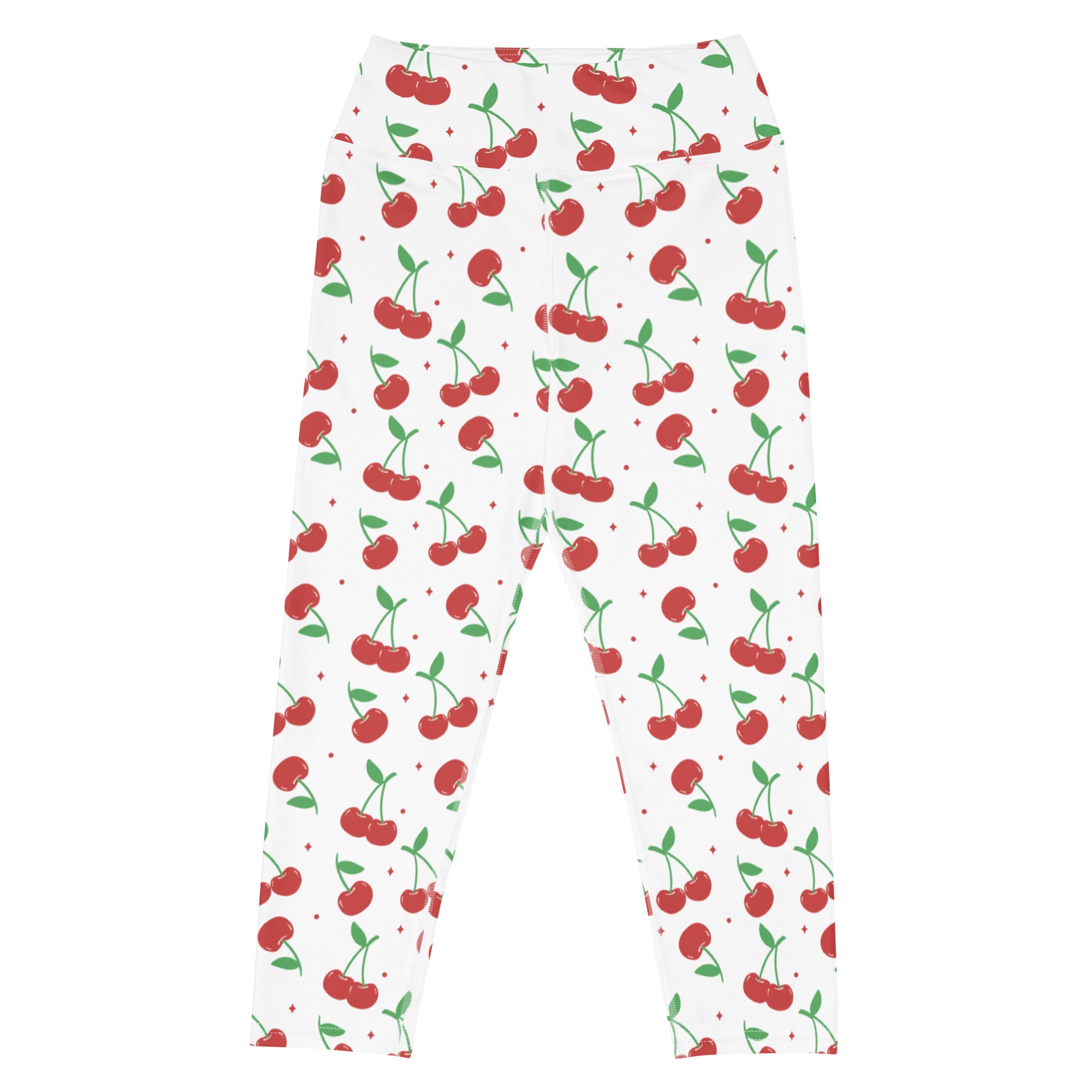 Women’s white cherry print buttery soft high-rise yoga capri leggings with moisture-wicking stretch fabric