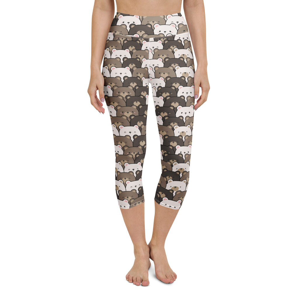 Women’s bear face buttery soft high-rise yoga capri leggings with beige white and brown cartoon bear pattern