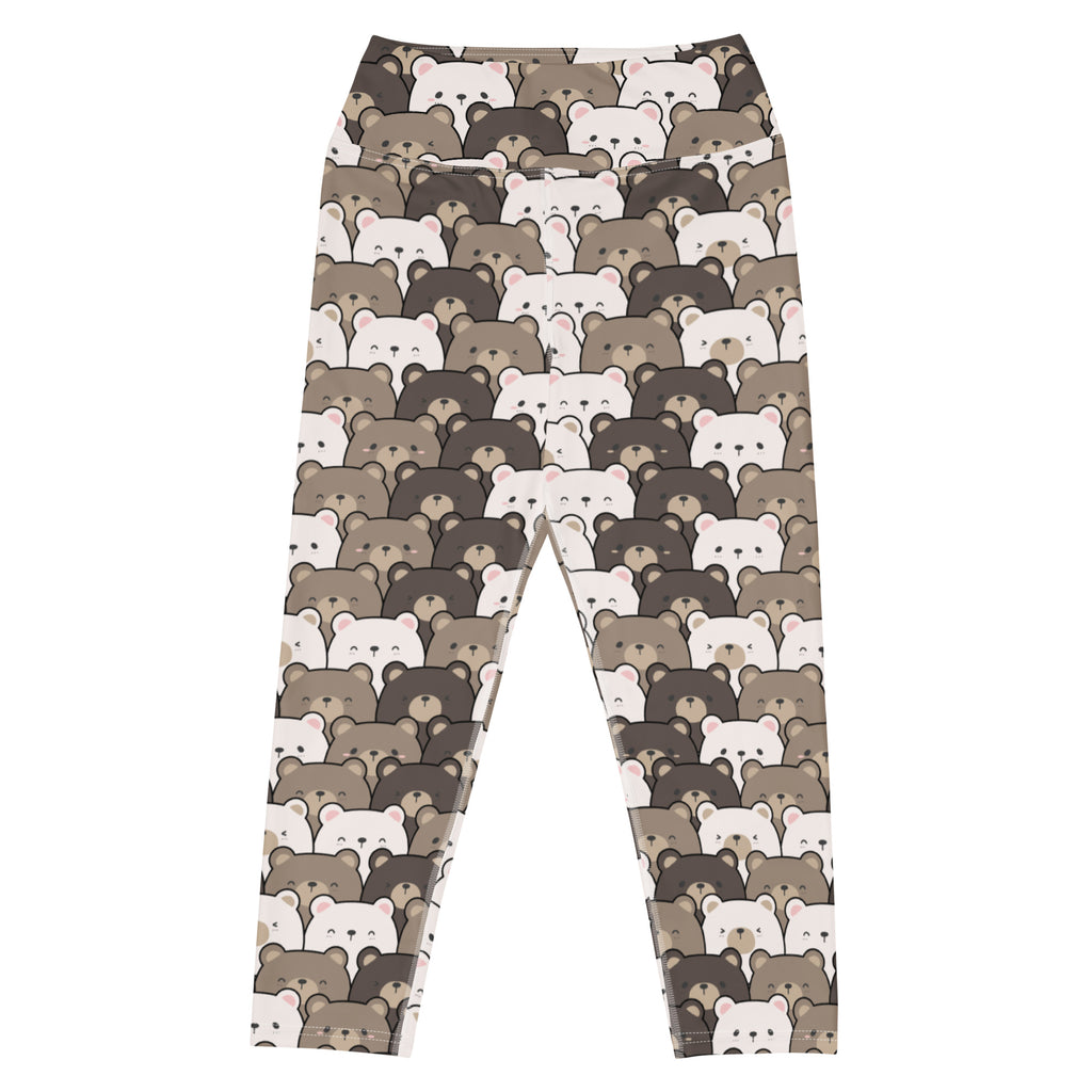 Women’s high-rise beige and white bear face yoga capri leggings with buttery soft moisture-wicking stretch fabric