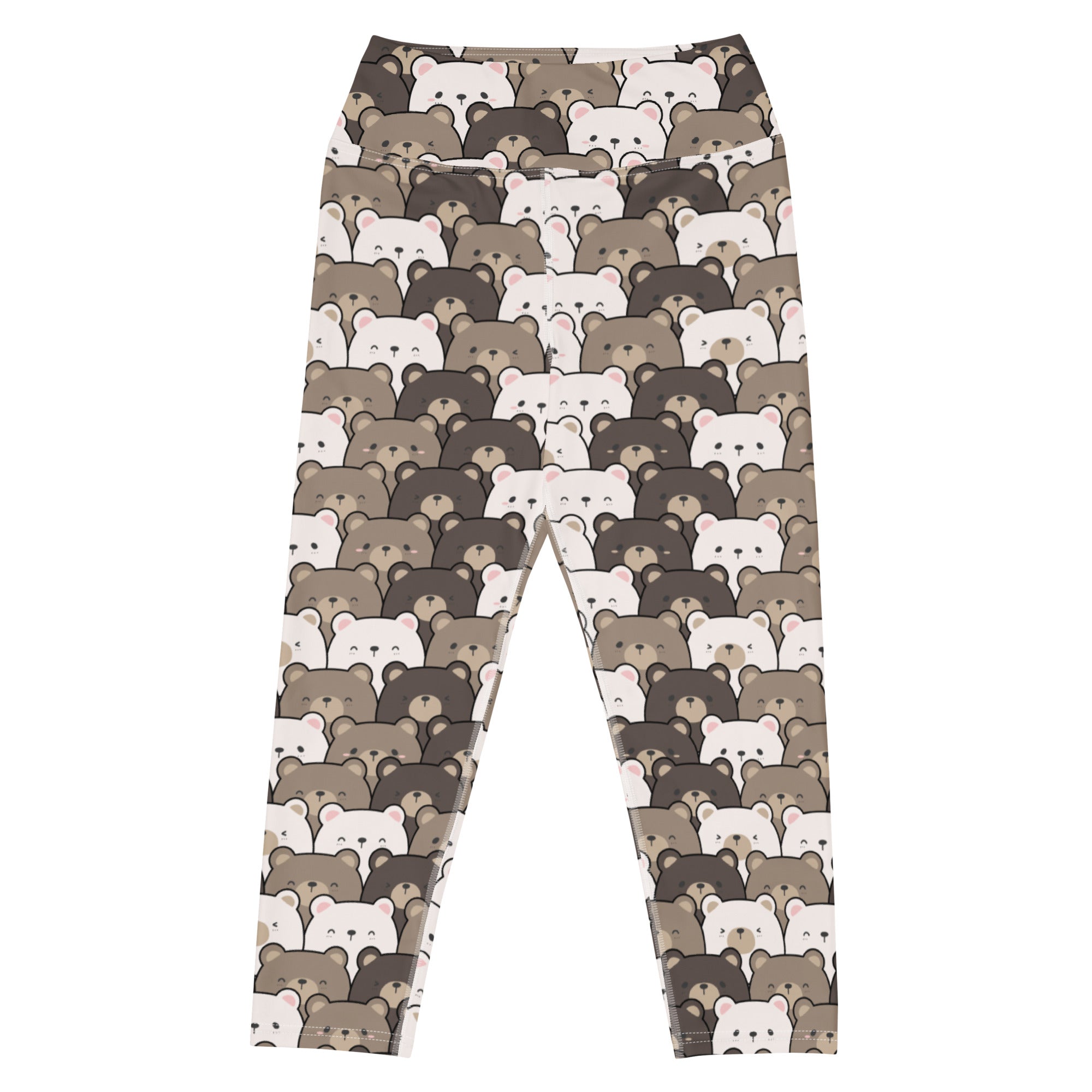 Women’s high-rise beige and white bear face yoga capri leggings with buttery soft moisture-wicking stretch fabric