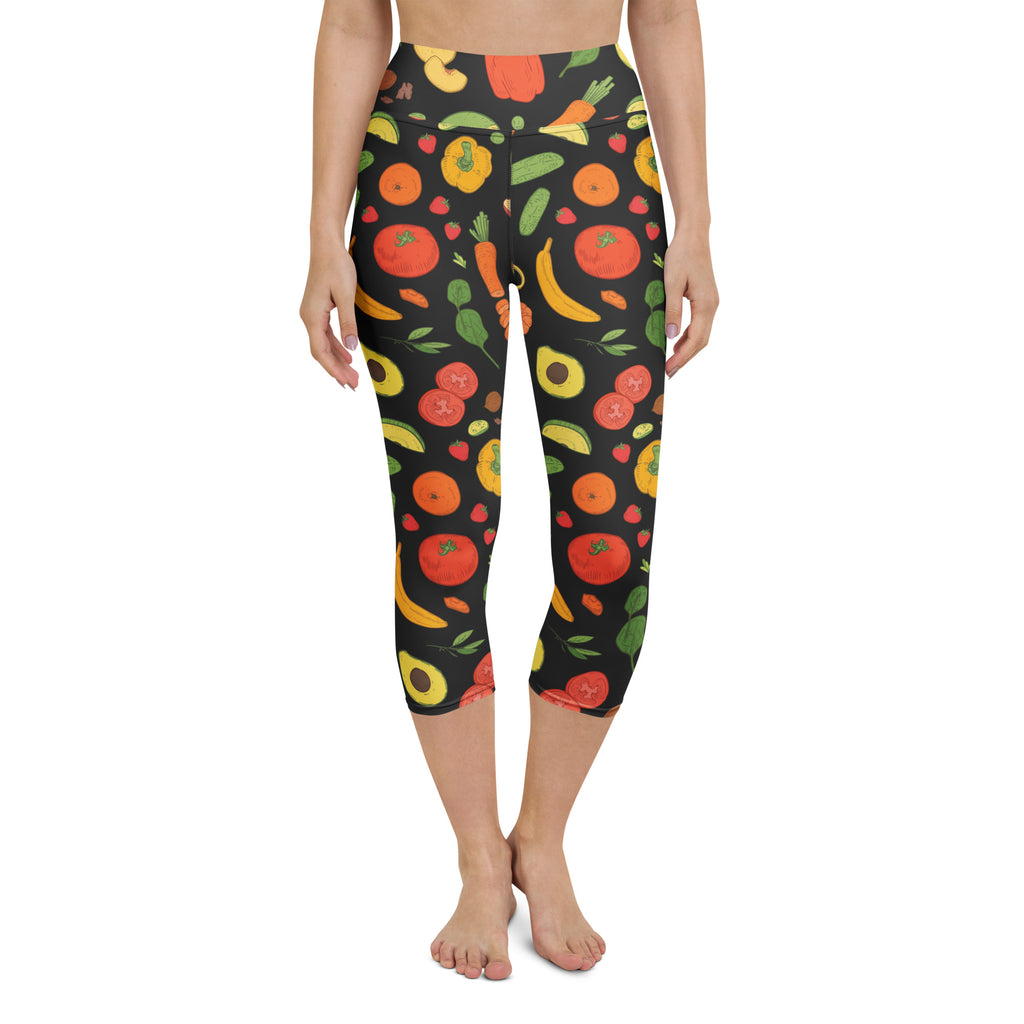 Women’s black capri leggings with a vibrant fruit and vegetable pattern buttery soft high rise moisture wicking