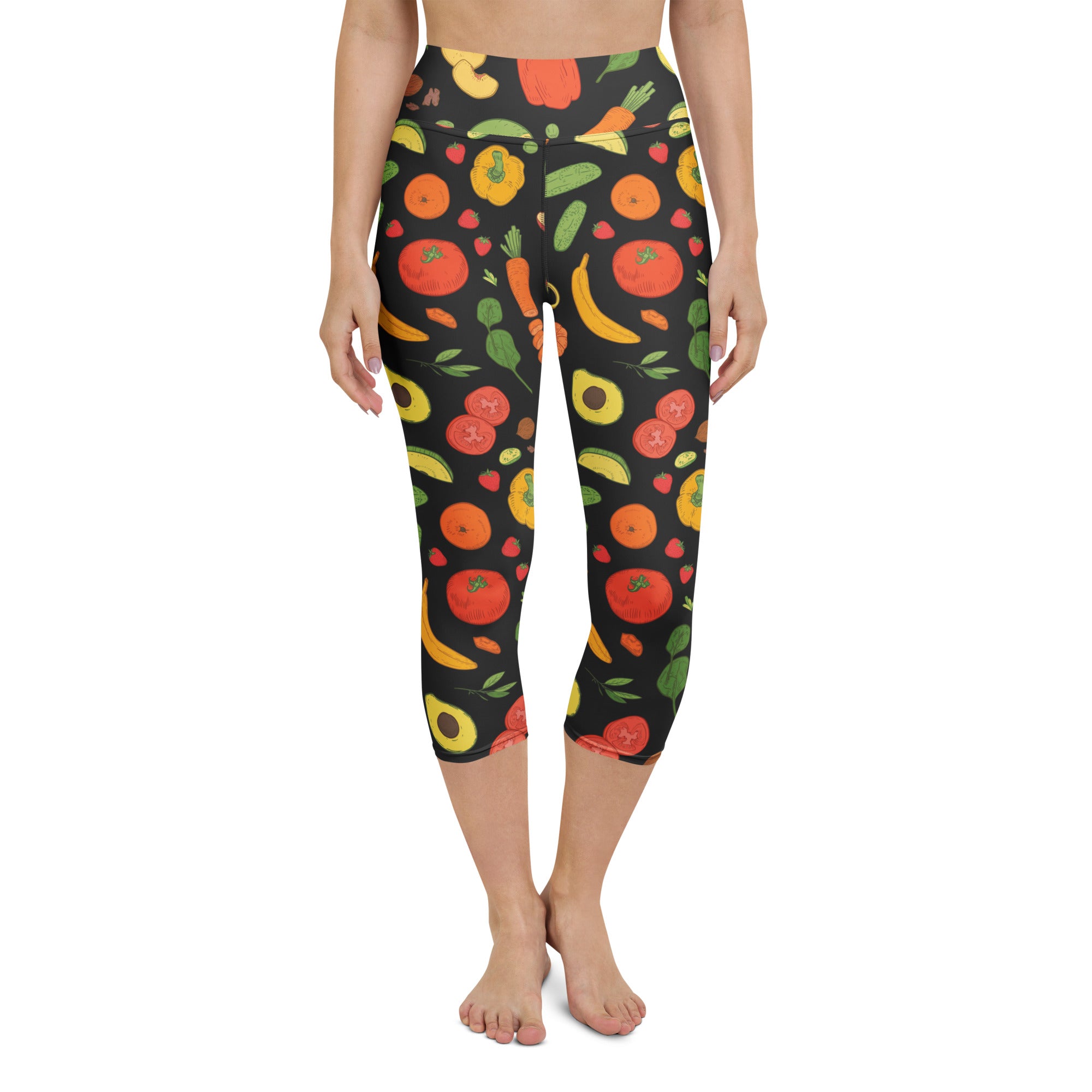 Women’s black capri leggings with a vibrant fruit and vegetable pattern buttery soft high rise moisture wicking