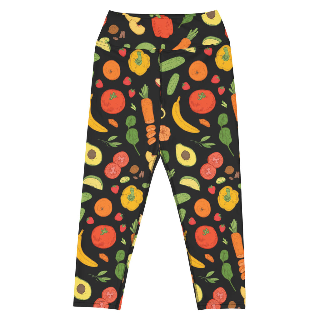 Women’s black high-rise buttery soft yoga capri leggings with vibrant cartoon fruit and vegetable print