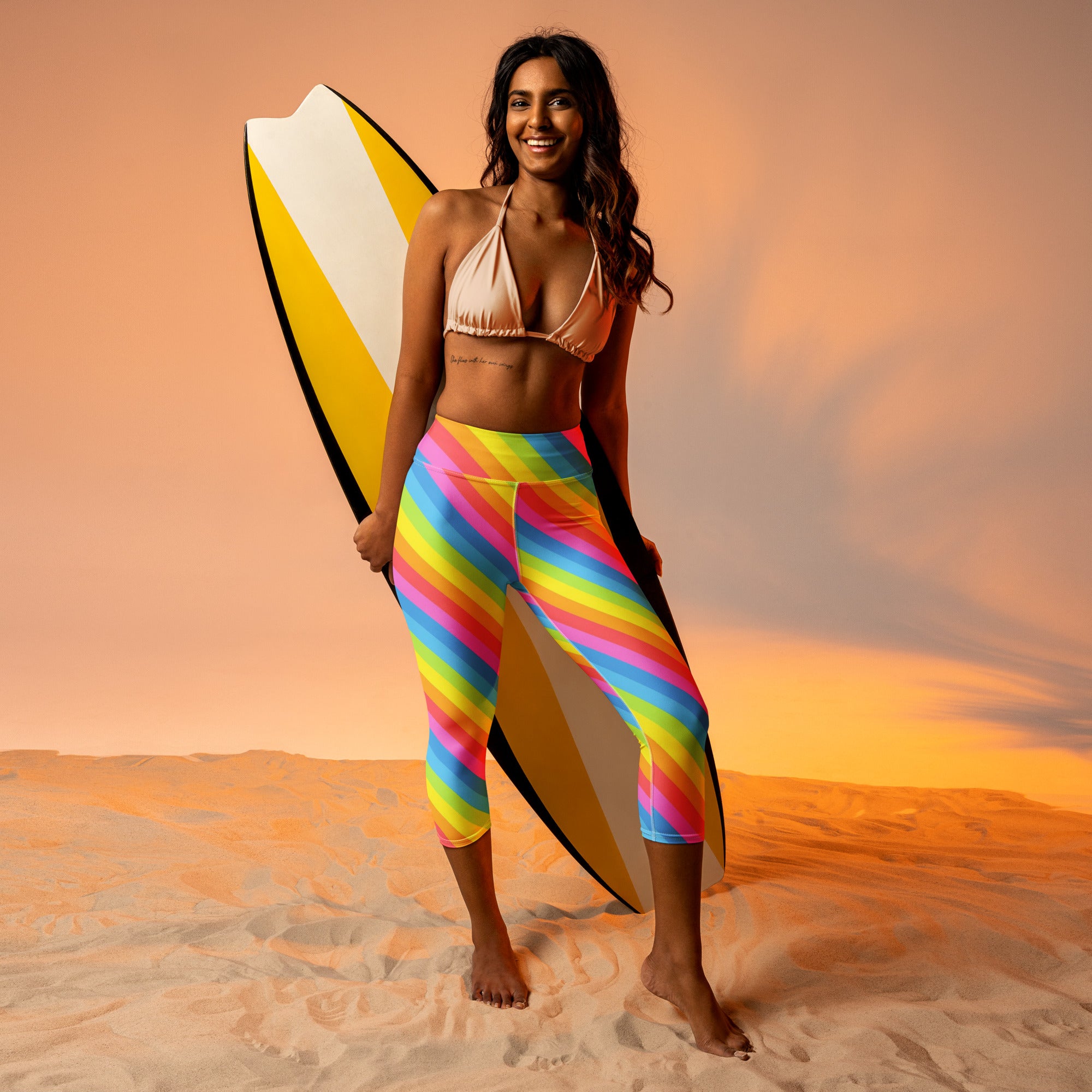 Women's Rainbow Stripe Buttery Soft Yoga Capri Leggings – High-Rise, Moisture-Wicking, Soft Stretch Activewear Pants