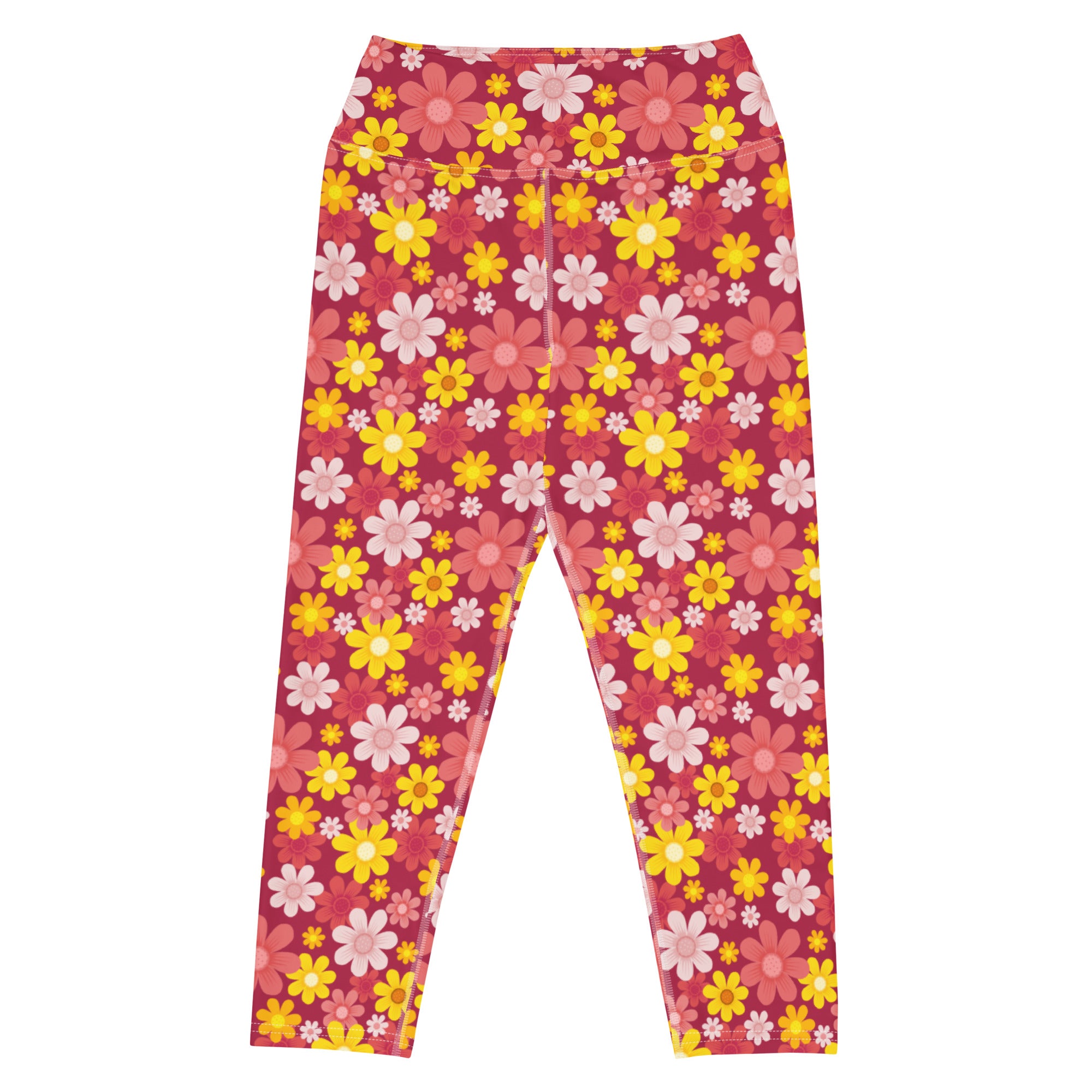 Women’s red floral buttery soft high-rise yoga capri leggings with pink yellow and white flower pattern on deep red background