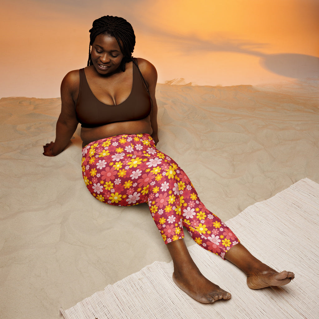 Women’s red floral buttery soft high-rise yoga capri leggings with pink yellow and white flowers moisture-wicking
