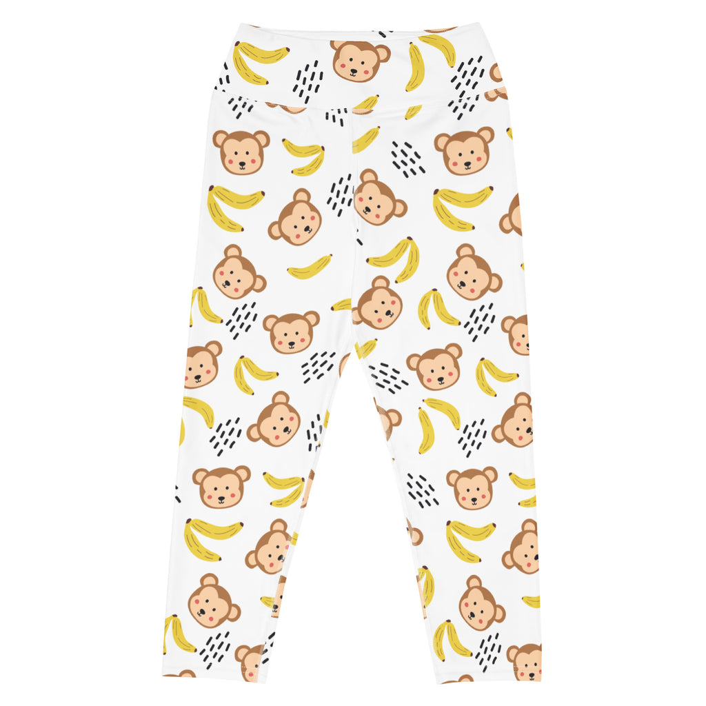 White high-rise buttery soft yoga capri leggings with brown monkey faces yellow bananas and black dotted lines pattern