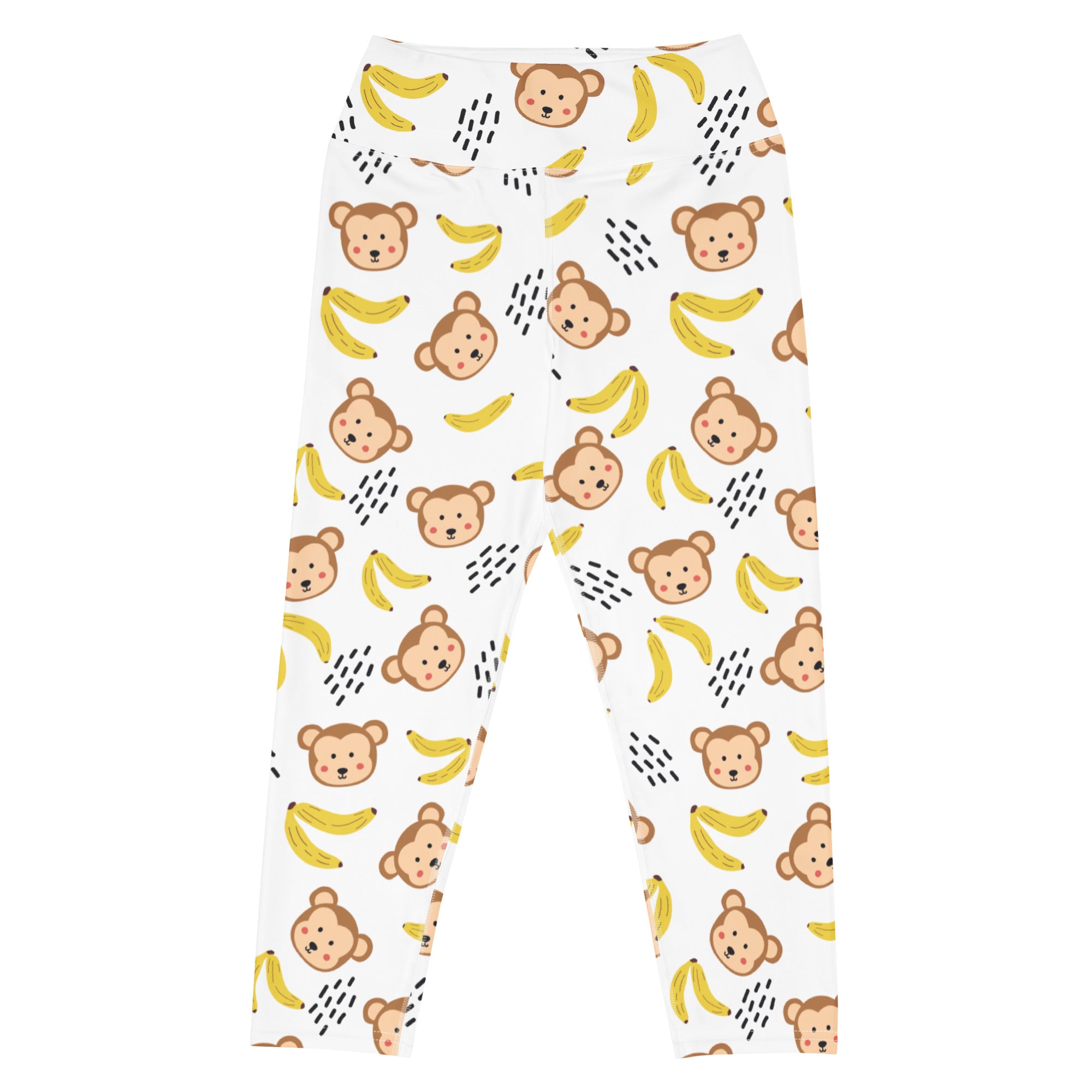 White high-rise buttery soft yoga capri leggings with brown monkey faces yellow bananas and black dotted lines pattern