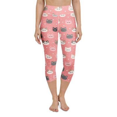 Women’s cute pink cat faces buttery soft high-rise moisture-wicking yoga capri leggings with playful cat pattern