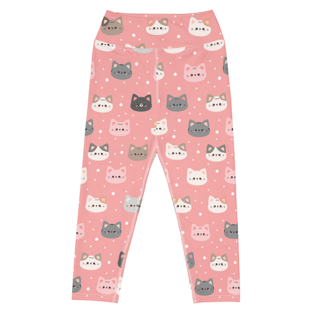 Women’s cute pink cat faces buttery soft high-rise yoga capri leggings with playful cartoon cat pattern on blush background