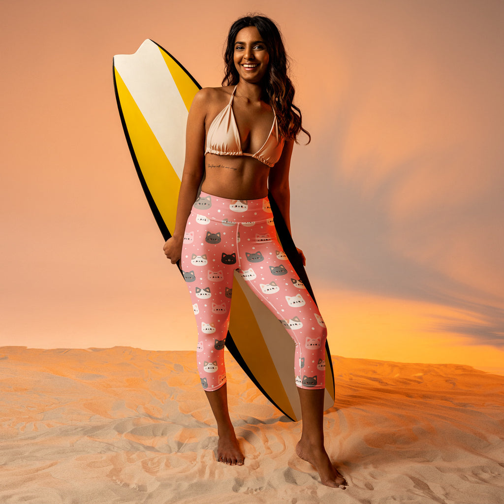 Women’s cute pink cat faces buttery soft high-rise moisture-wicking yoga capri leggings with star accents
