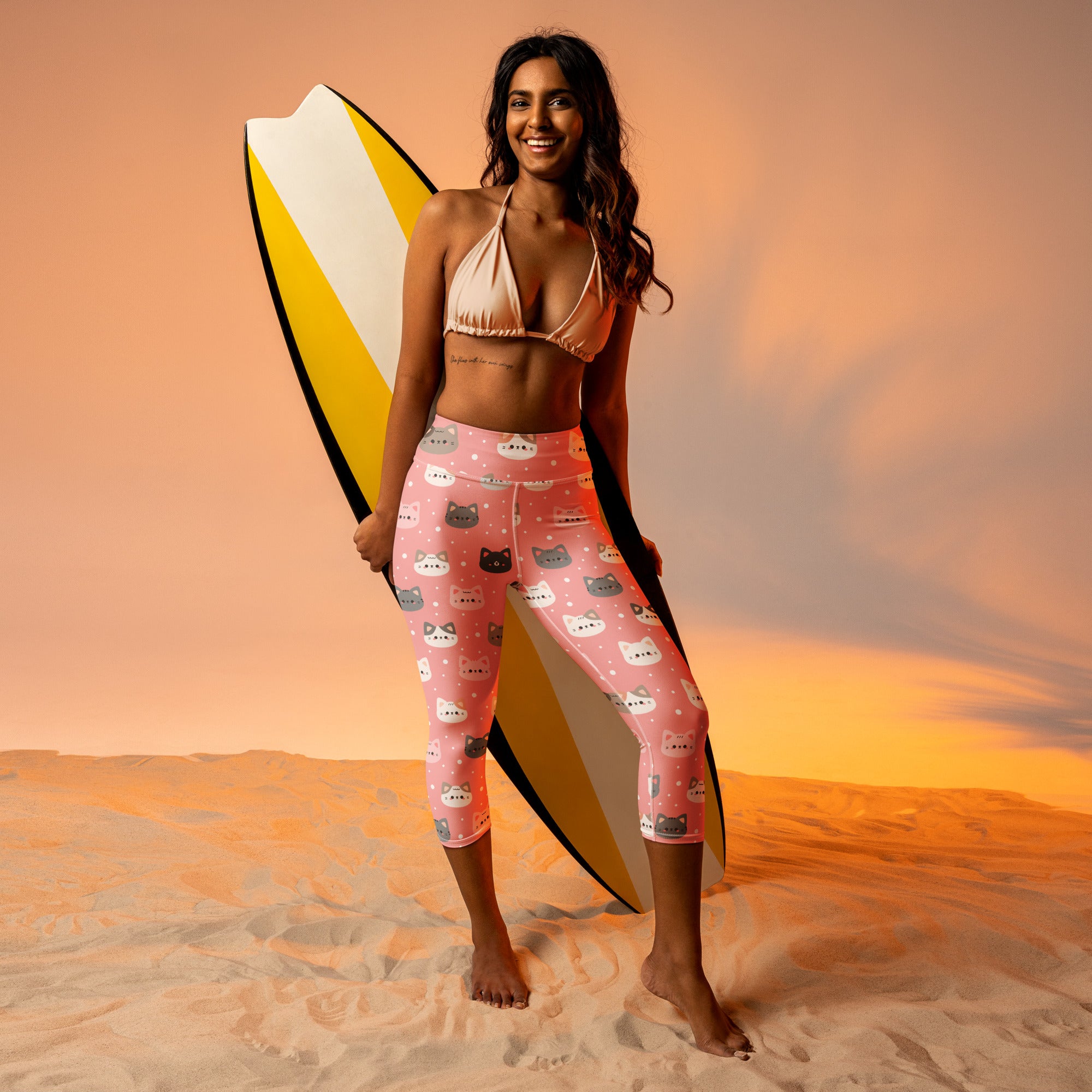 Women’s cute pink cat faces buttery soft high-rise moisture-wicking yoga capri leggings with star accents