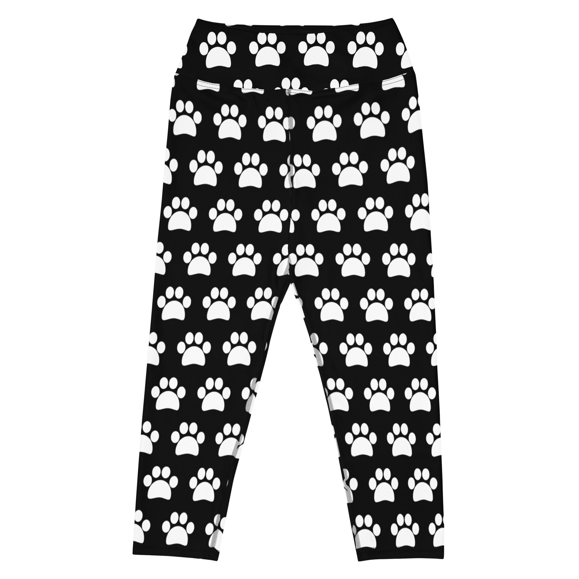 Women’s black high-rise paw print buttery soft yoga capri leggings with moisture-wicking soft stretch fabric